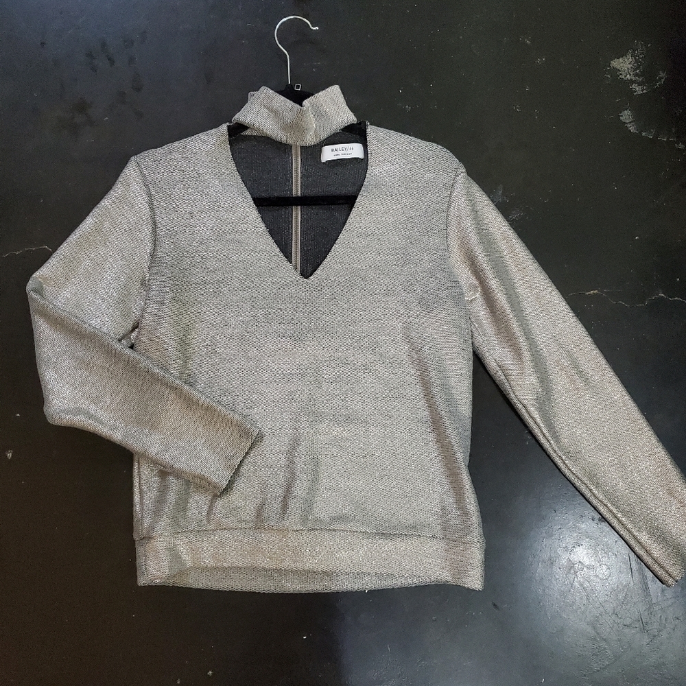Bailey 44 silver metallic top, long sleeves w/ soft knit lining, XS from Neimans